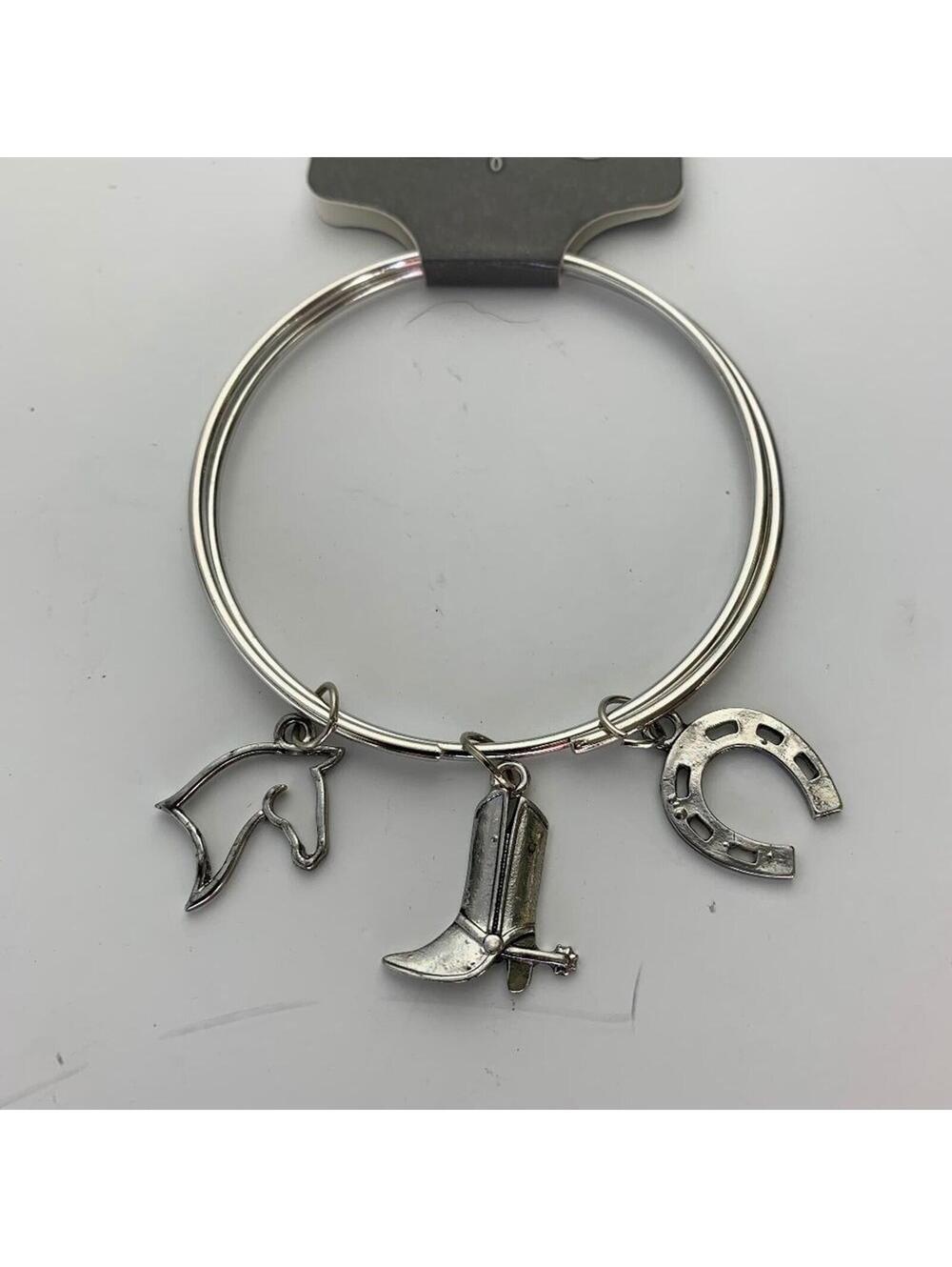 Charm & Flatter Silver Tone Cowboy Western Charm Bracelet Horse Boot Horseshoe N